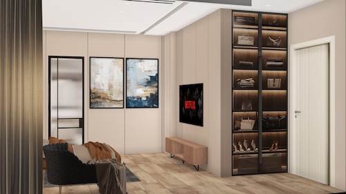 TV unit wall with vertical cabinetry